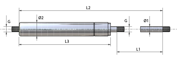 Teknisk ritning - Gasfjädrar i rostfritt stål (AISI 304) med gänga